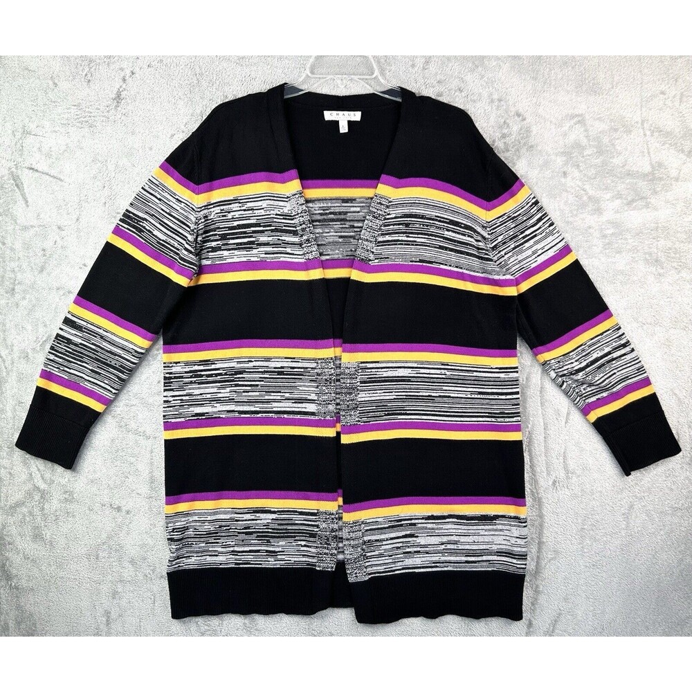 CHAUS New York Women’s L Open Front Cardigan Long Sleeve Striped Sweater Jacket